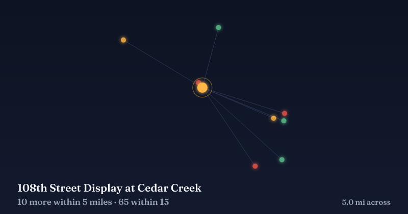 Map of 108th Street Display at Cedar Creek and the 65 other Christmas light displays within 15 miles