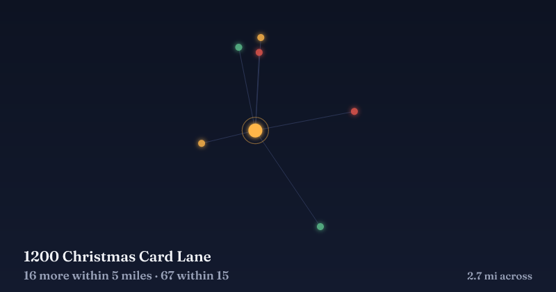 Map of 1200 Christmas Card Lane and the 67 other Christmas light displays within 15 miles