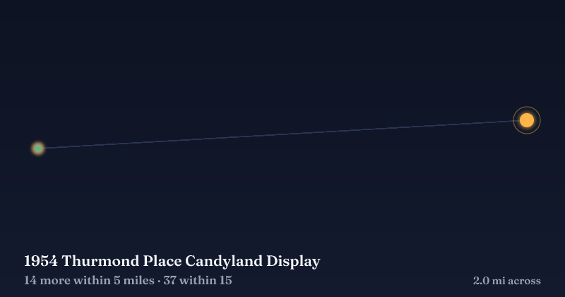 Map of 1954 Thurmond Place Candyland Display and the 37 other Christmas light displays within 15 miles