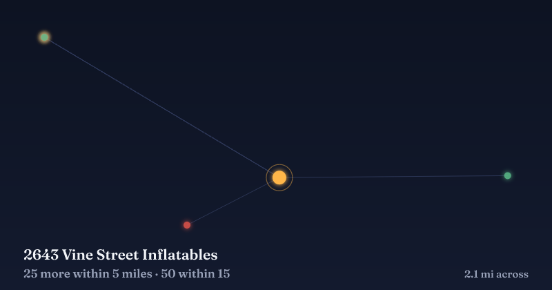 Map of 2643 Vine Street Inflatables and the 50 other Christmas light displays within 15 miles