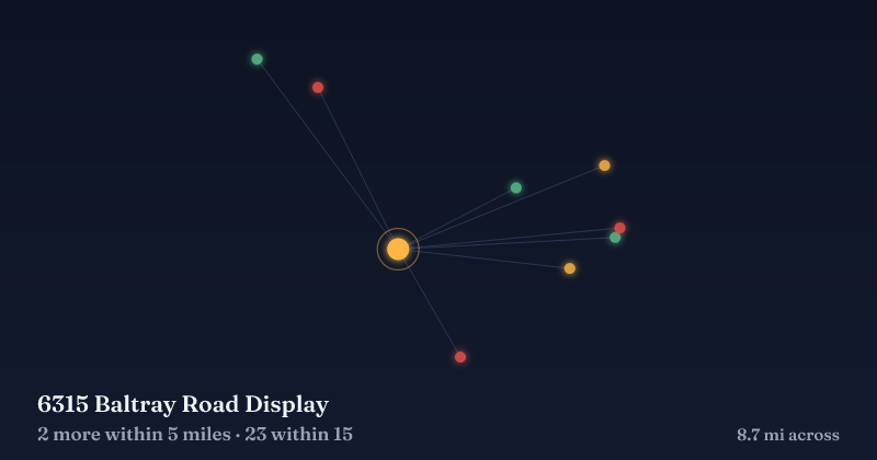 Map of 6315 Baltray Road Display and the 23 other Christmas light displays within 15 miles