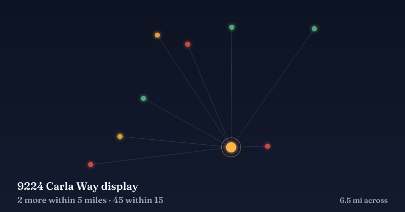 Map of 9224 Carla Way display and the 45 other Christmas light displays within 15 miles