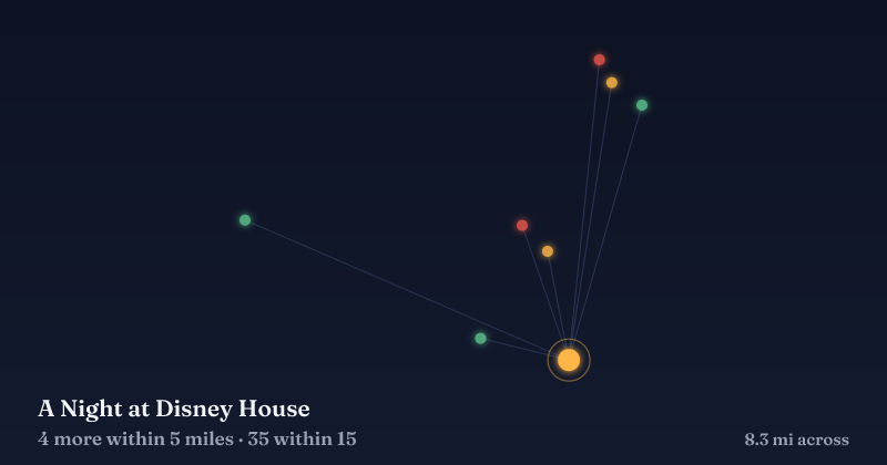 Map of A Night at Disney House and the 35 other Christmas light displays within 15 miles