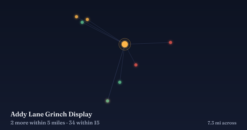 Map of Addy Lane Grinch Display and the 34 other Christmas light displays within 15 miles