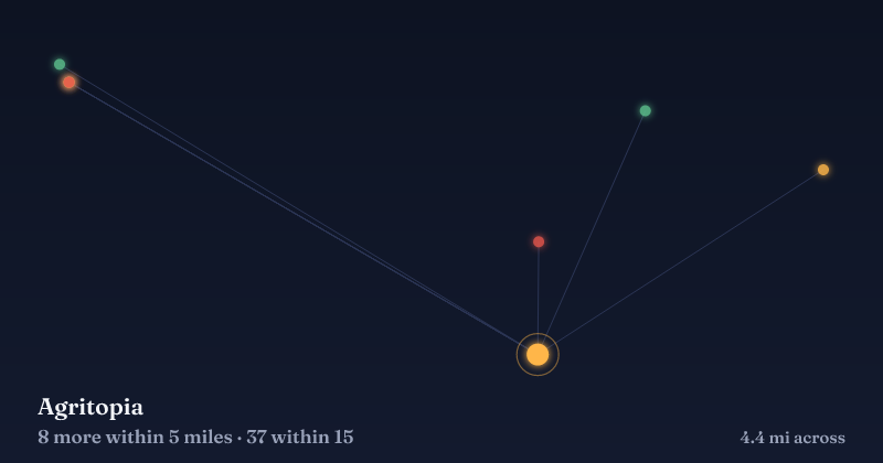 Map of Agritopia and the 37 other Christmas light displays within 15 miles
