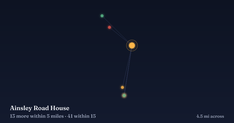 Map of Ainsley Road House and the 41 other Christmas light displays within 15 miles
