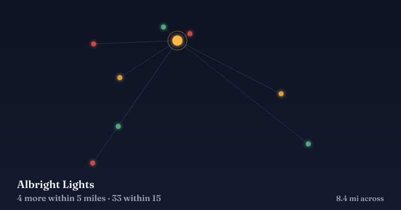 Map of Albright Lights and the 33 other Christmas light displays within 15 miles