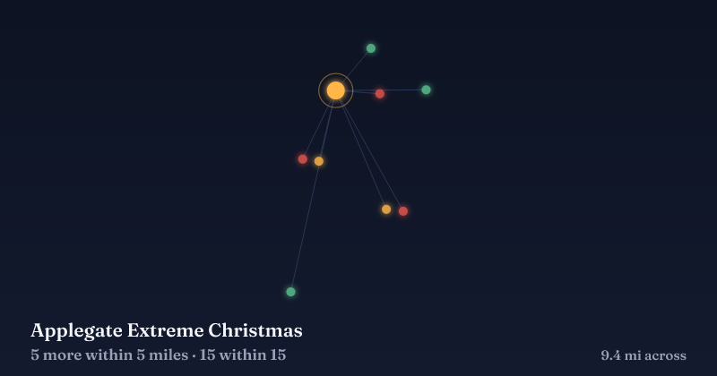 Map of Applegate Extreme Christmas and the 15 other Christmas light displays within 15 miles