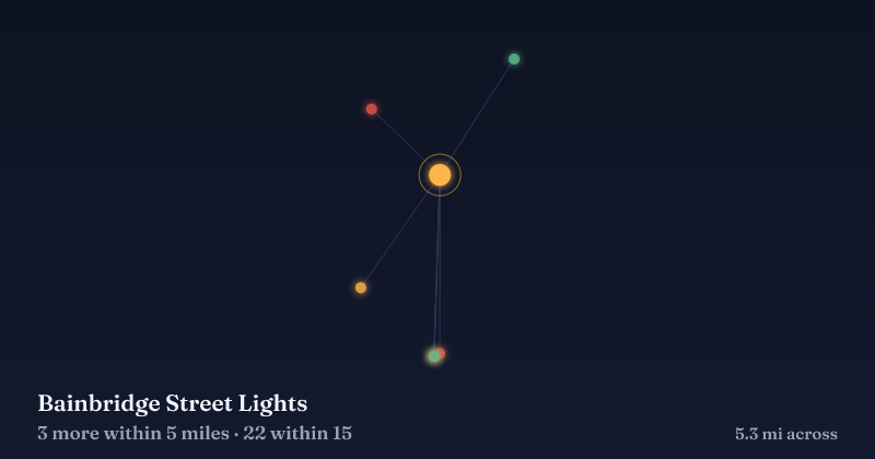 Map of Bainbridge Street Lights and the 22 other Christmas light displays within 15 miles