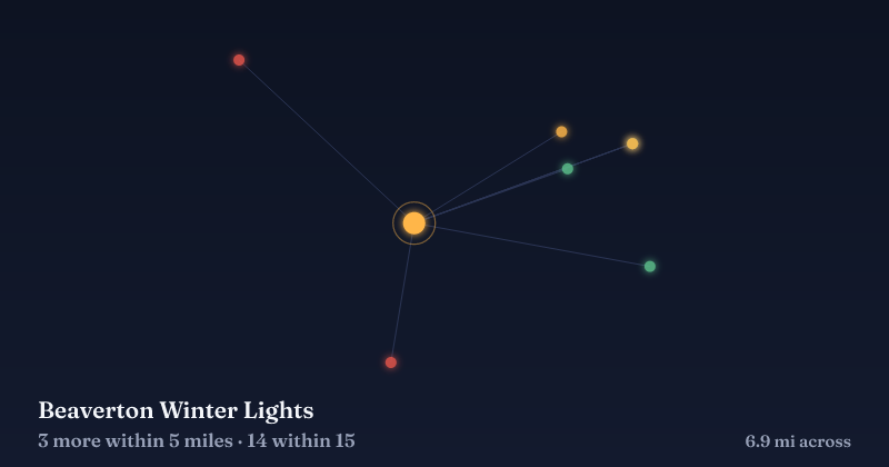 Map of Beaverton Winter Lights and the 14 other Christmas light displays within 15 miles