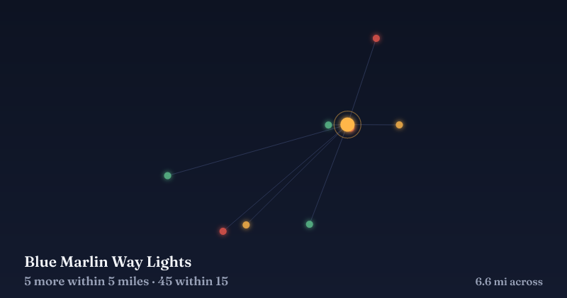 Map of Blue Marlin Way Lights and the 45 other Christmas light displays within 15 miles