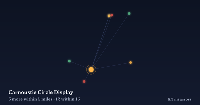 Map of Carnoustie Circle Display and the 12 other Christmas light displays within 15 miles