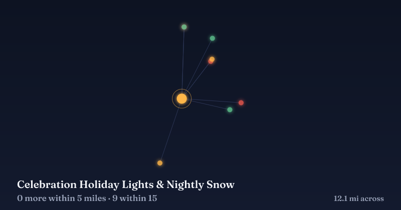 Map of Celebration Holiday Lights & Nightly Snow and the 9 other Christmas light displays within 15 miles