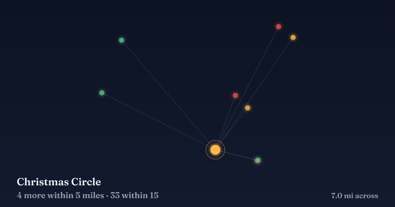 Map of Christmas Circle and the 33 other Christmas light displays within 15 miles