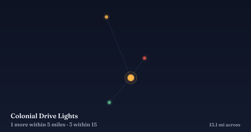 Map of Colonial Drive Lights and the 3 other Christmas light displays within 15 miles