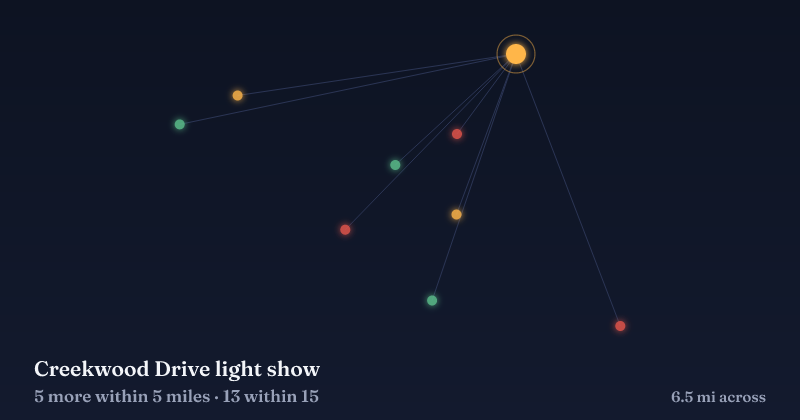 Map of Creekwood Drive light show and the 13 other Christmas light displays within 15 miles