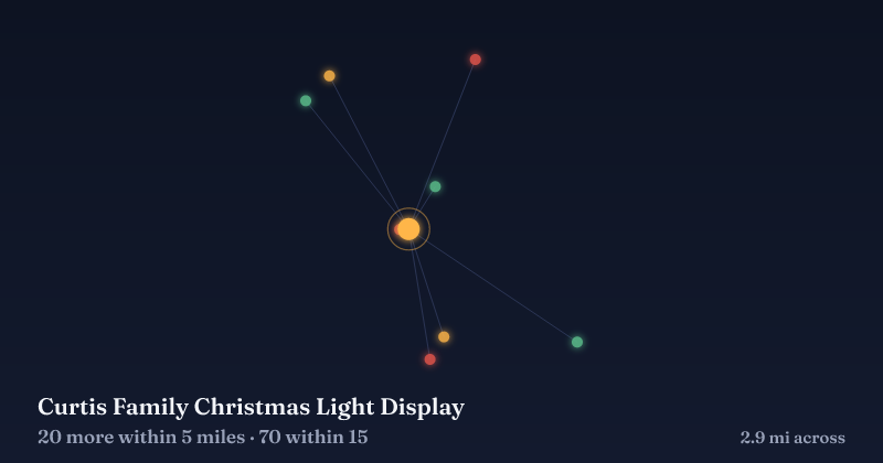 Map of Curtis Family Christmas Light Display and the 70 other Christmas light displays within 15 miles