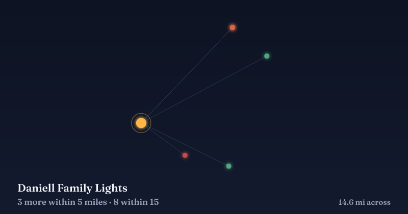 Map of Daniell Family Lights and the 8 other Christmas light displays within 15 miles
