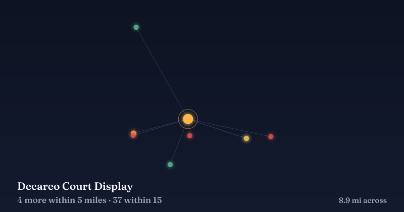 Map of Decareo Court Display and the 37 other Christmas light displays within 15 miles
