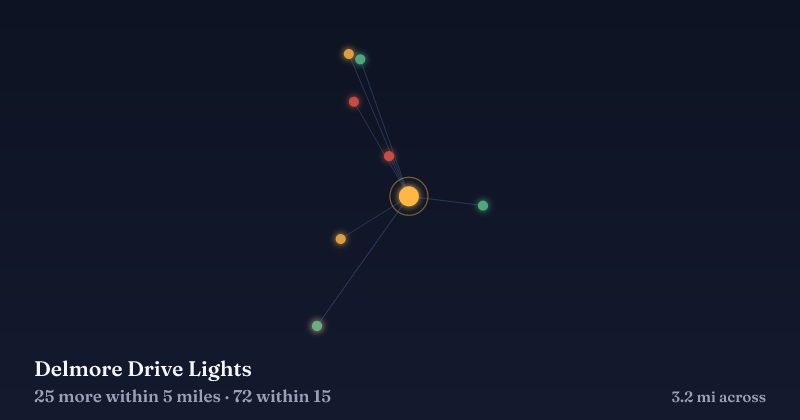 Map of Delmore Drive Lights and the 72 other Christmas light displays within 15 miles