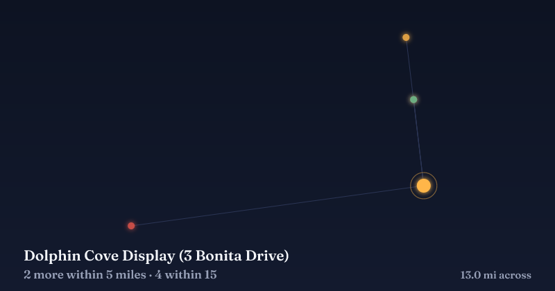Map of Dolphin Cove Display (3 Bonita Drive) and the 4 other Christmas light displays within 15 miles