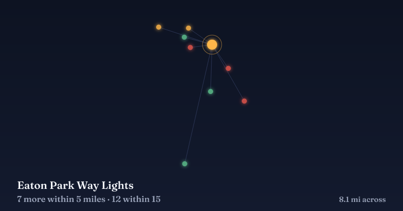 Map of Eaton Park Way Lights and the 12 other Christmas light displays within 15 miles