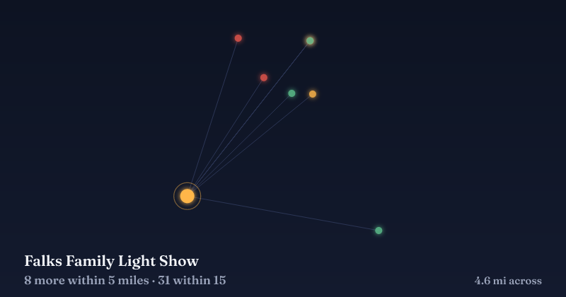 Map of Falks Family Light Show and the 31 other Christmas light displays within 15 miles