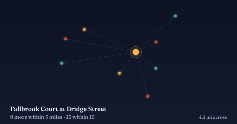 Map of Fallbrook Court at Bridge Street and the 13 other Christmas light displays within 15 miles