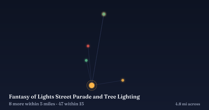 Map of Fantasy of Lights Street Parade and Tree Lighting and the 47 other Christmas light displays within 15 miles