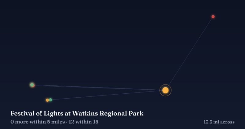 Map of Festival of Lights at Watkins Regional Park and the 12 other Christmas light displays within 15 miles