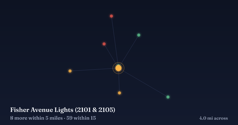 Map of Fisher Avenue Lights (2101 & 2105) and the 59 other Christmas light displays within 15 miles