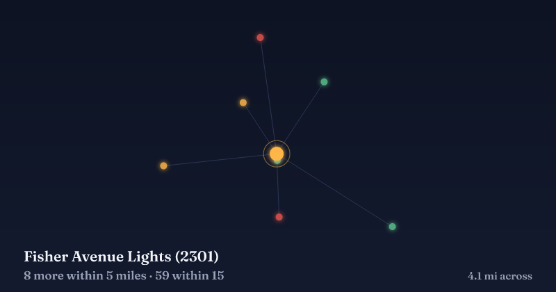 Map of Fisher Avenue Lights (2301) and the 59 other Christmas light displays within 15 miles