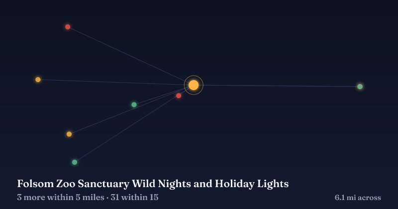 Map of Folsom Zoo Sanctuary Wild Nights and Holiday Lights and the 31 other Christmas light displays within 15 miles