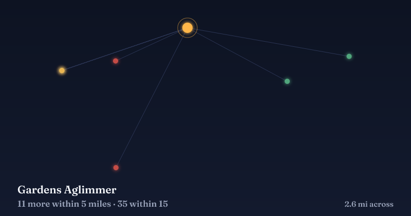Map of Gardens Aglimmer and the 35 other Christmas light displays within 15 miles