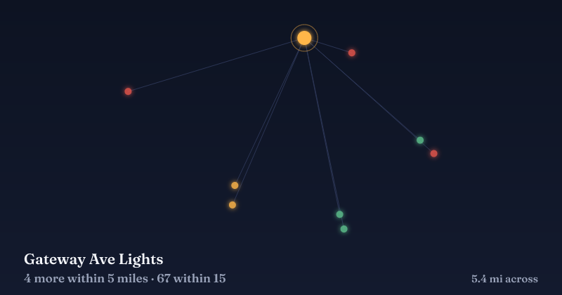 Map of Gateway Ave Lights and the 67 other Christmas light displays within 15 miles