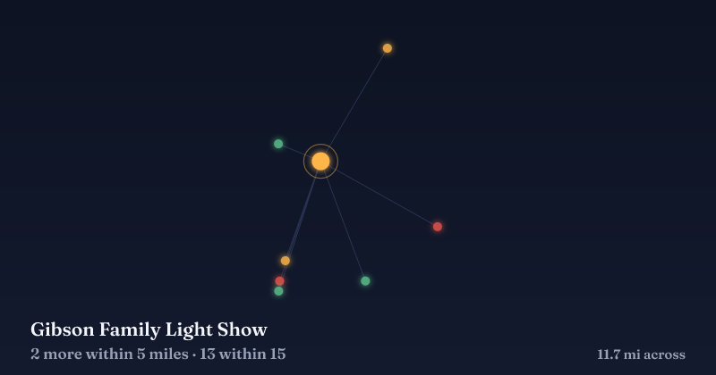 Map of Gibson Family Light Show and the 13 other Christmas light displays within 15 miles
