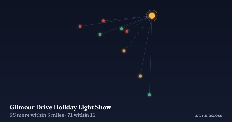Map of Gilmour Drive Holiday Light Show and the 71 other Christmas light displays within 15 miles