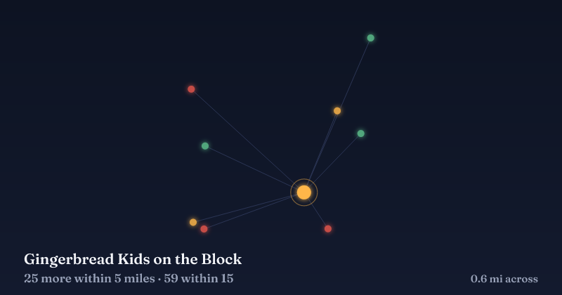 Map of Gingerbread Kids on the Block and the 59 other Christmas light displays within 15 miles