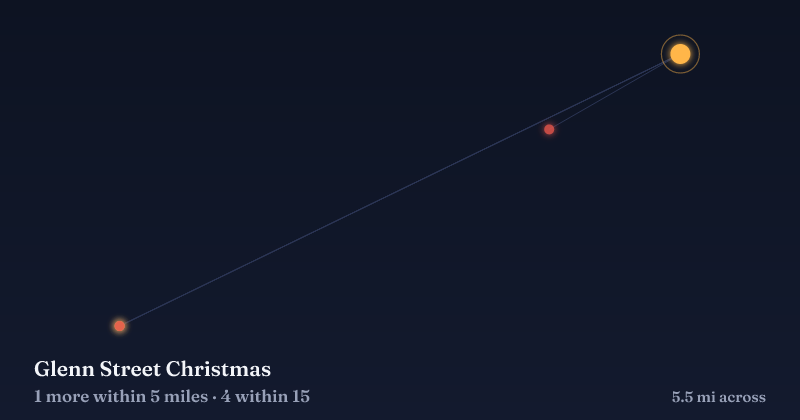 Map of Glenn Street Christmas and the 4 other Christmas light displays within 15 miles