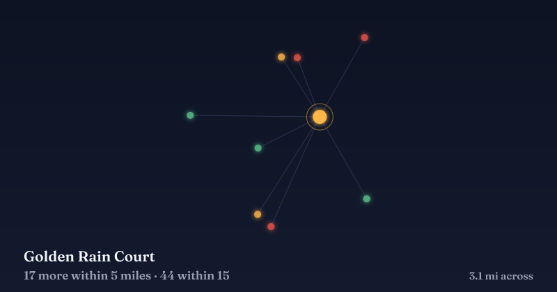 Map of Golden Rain Court and the 44 other Christmas light displays within 15 miles