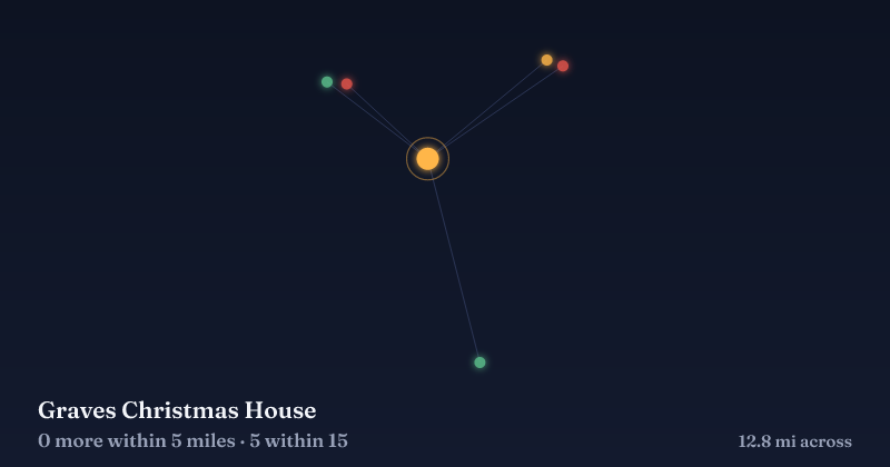 Map of Graves Christmas House and the 5 other Christmas light displays within 15 miles