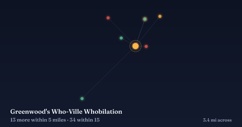Map of Greenwood's Who-Ville Whobilation and the 34 other Christmas light displays within 15 miles