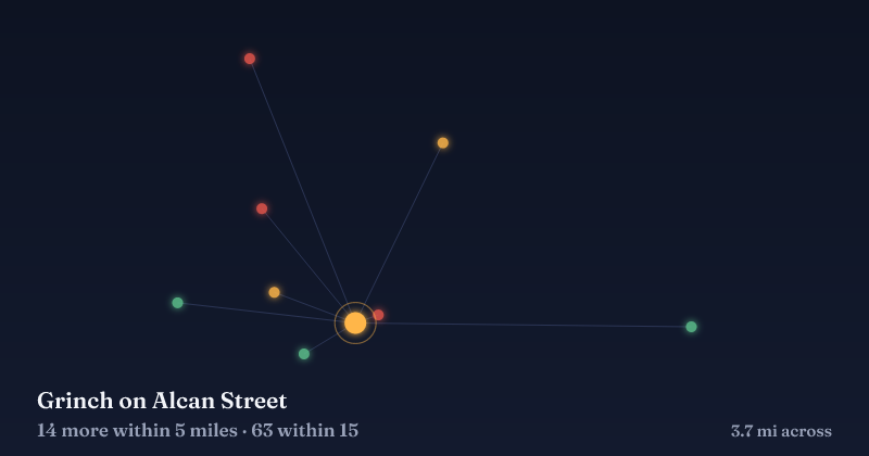 Map of Grinch on Alcan Street and the 63 other Christmas light displays within 15 miles