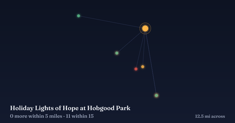 Map of Holiday Lights of Hope at Hobgood Park and the 11 other Christmas light displays within 15 miles
