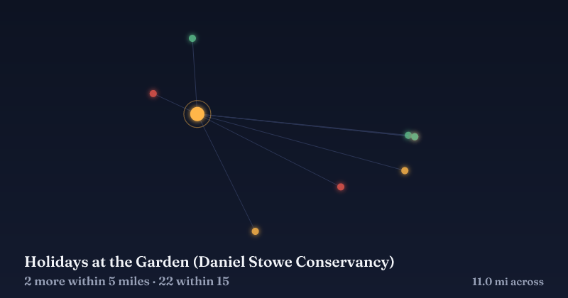 Map of Holidays at the Garden (Daniel Stowe Conservancy) and the 22 other Christmas light displays within 15 miles