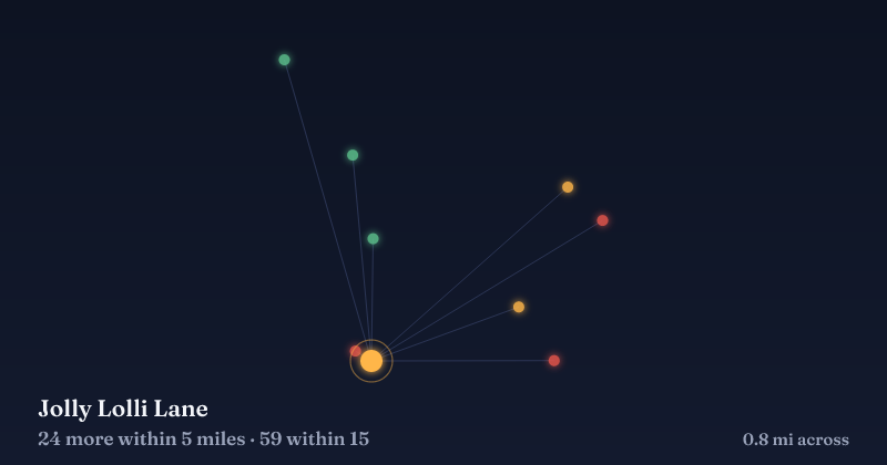 Map of Jolly Lolli Lane and the 59 other Christmas light displays within 15 miles