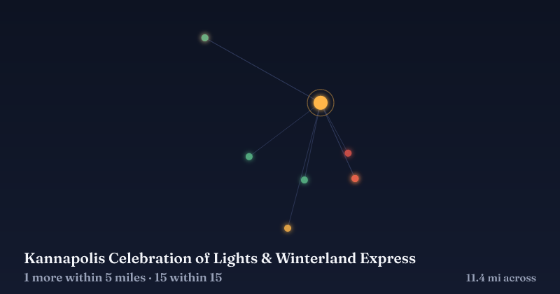 Map of Kannapolis Celebration of Lights & Winterland Express and the 15 other Christmas light displays within 15 miles