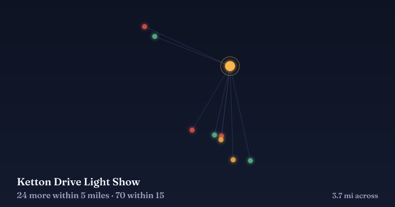 Map of Ketton Drive Light Show and the 70 other Christmas light displays within 15 miles