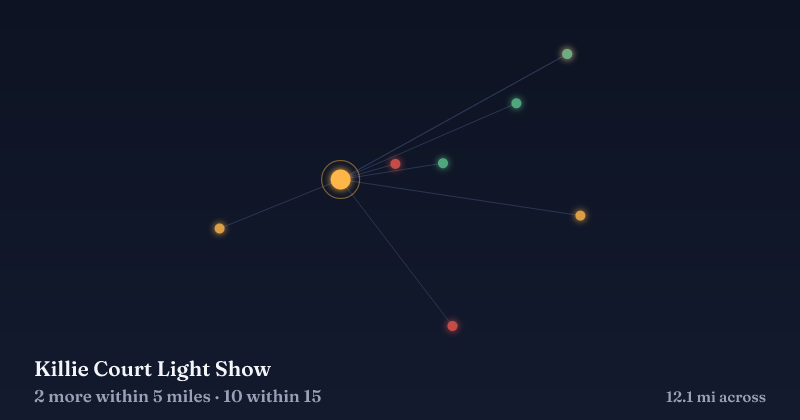 Map of Killie Court Light Show and the 10 other Christmas light displays within 15 miles