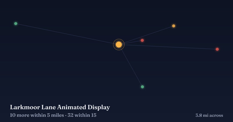 Map of Larkmoor Lane Animated Display and the 32 other Christmas light displays within 15 miles